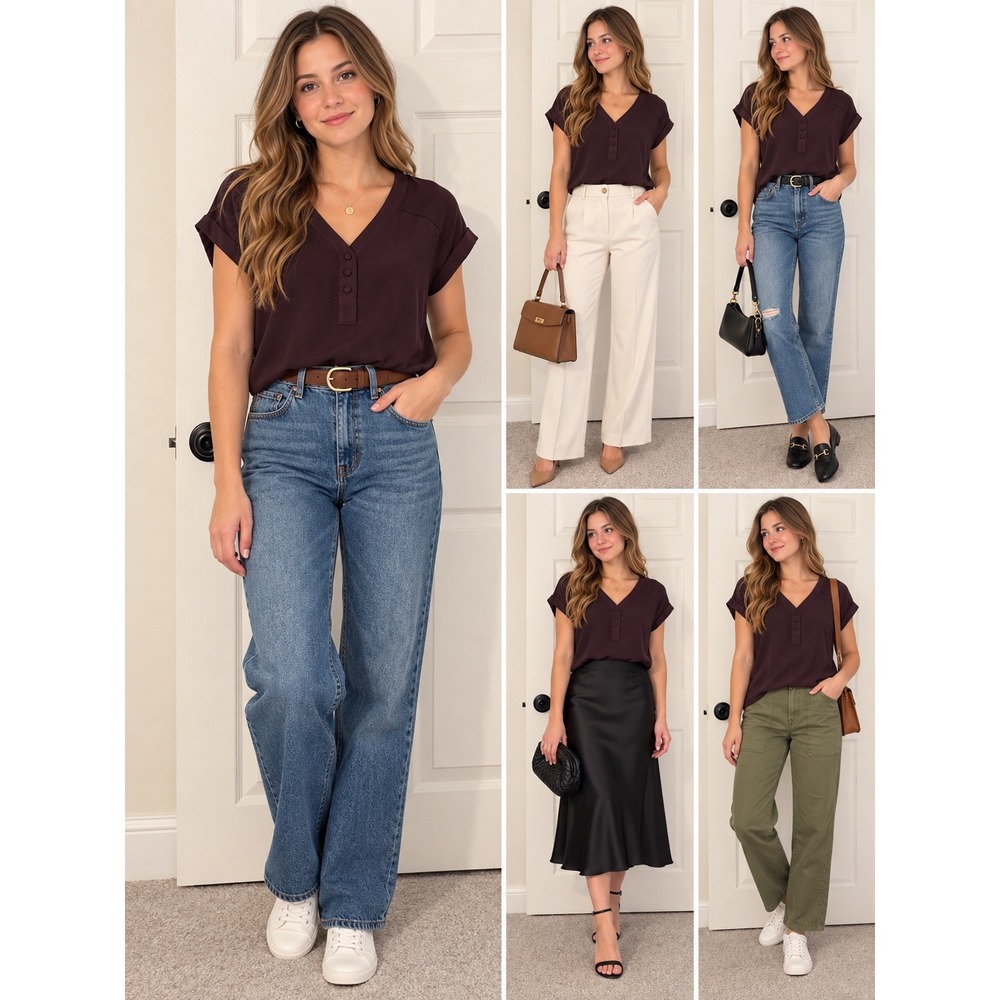 Fortune + Ivy Burgundy Mixed Media V-Neck Blouse Short Sleeve Top Medium